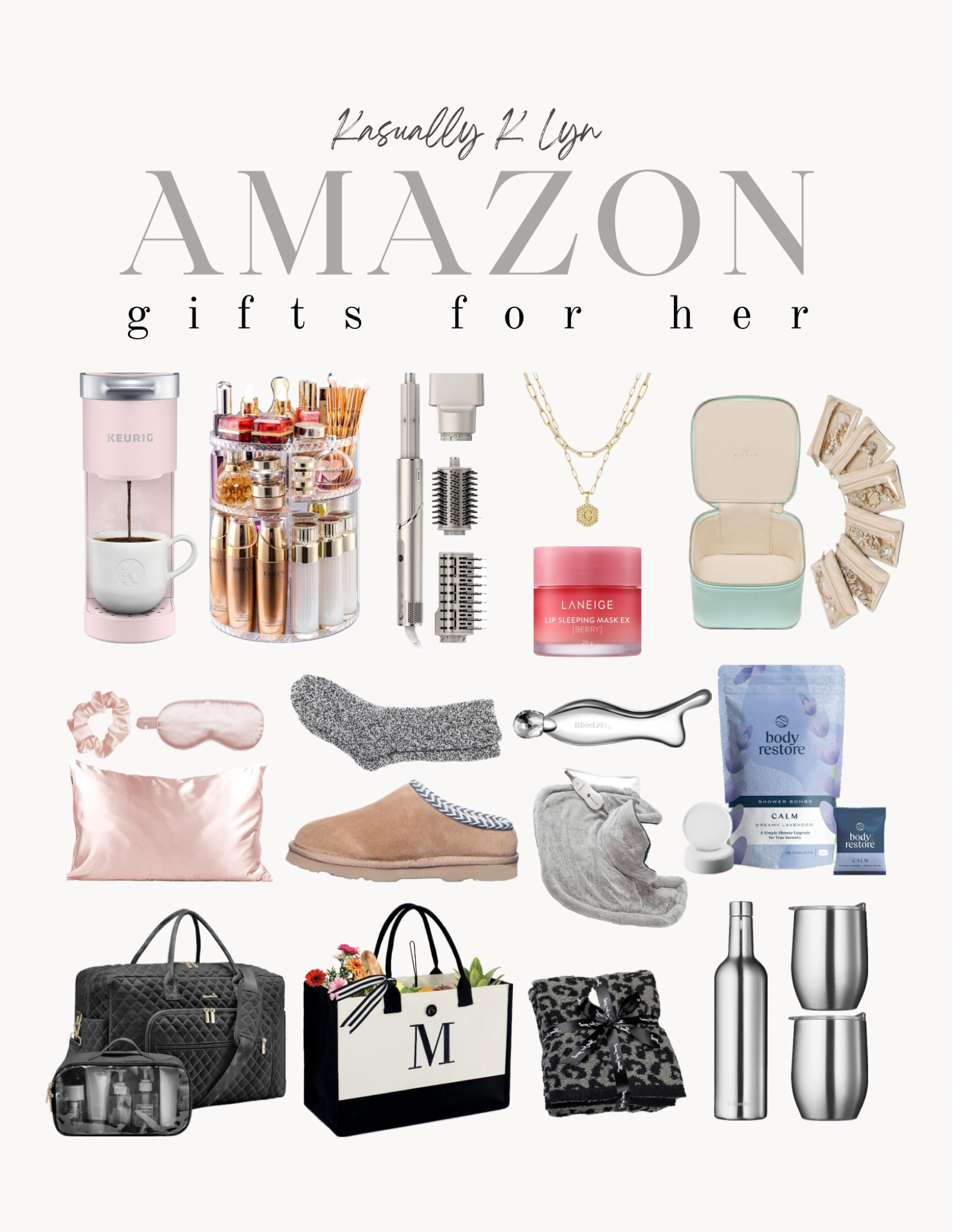 Amazon Gift Guide for Her!! keurig coffee maker, heating pad, lettered tote bag, soft plush cheetah blanket, shower steamers aromatherapy, fuzzy socks, shark air styling & drying system, 360 rotating makeup organizer, laneige lio sleeping mask, slippers, travel duffel bag, weekender bag, dainty gold layered initial necklace, satin sleep set, satin pillowcase, satin sleeping mask, satin scrunchie, travel jewelry box, wine chiller sett

#LTKHolidaySale #LTKGiftGuide #LTKfindsunder100