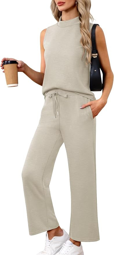 Women's Summer 2 Piece Outfits Mock Neck Tank Top Cropped Wide Leg Pants Lounge Sets 2025 Fashion... | Amazon (US)