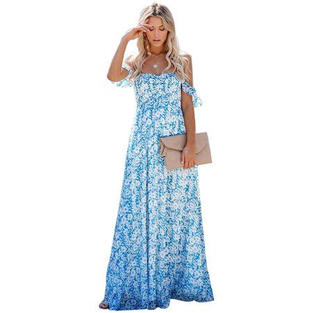 MERMAID S CLOSET Women Casual Off Shoulder Maxi Dress Blue Print Beach Dresses | Walmart (US)