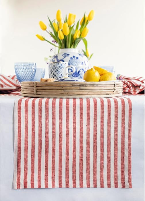 Solino Home Striped Linen Table Runner 108 Inches Long - Amalfi Stripe 100% Pure Linen Red and Wh... | Amazon (US)