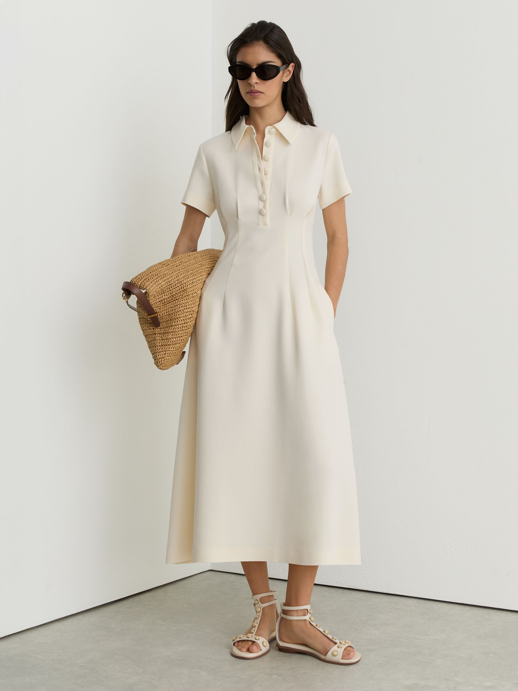 Button-Neck Short-Sleeve Midi Dress in Cream | Reiss UK