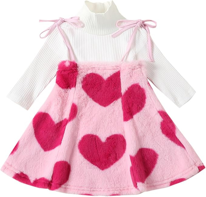 Toddler Kids Girl Skirts Set Baby Valentines Outfit Ribbed Long Sleeve Tops Heart Slip Suspender ... | Amazon (US)