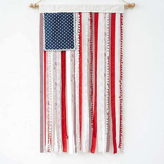 Ribbon Flag Wall Hanging, 4 x 2.3 ft American Flag Ribbon Banner, Rustic Ribbon American Flag Ban... | Amazon (US)
