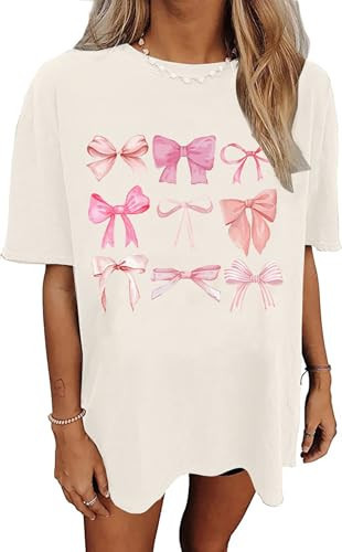 Women Oversized Tshirts Coquette Aesthetic Cute Bow Shirt Summer Casual Graphic Trendy Tees Tops (Apricot3,L) | Amazon (US)