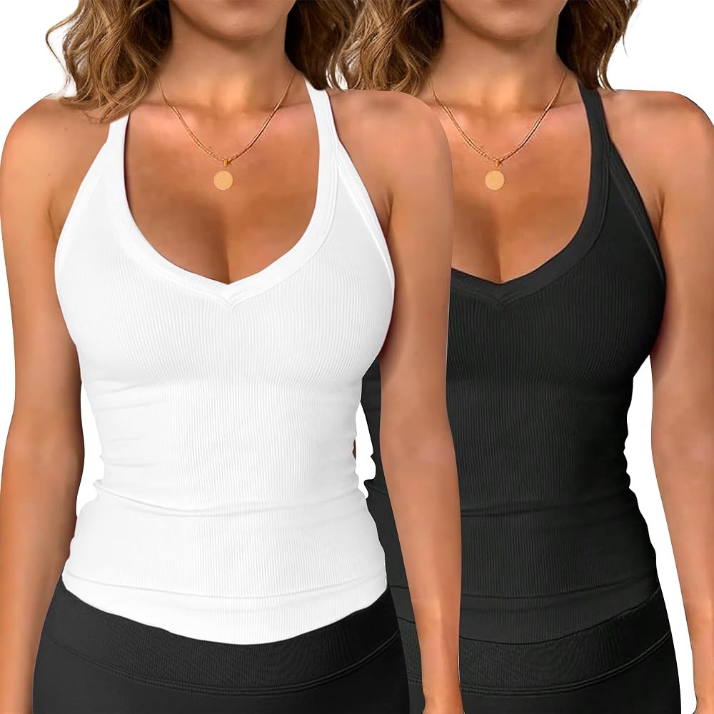 Women Workout Tank Tops V Neck Racerback Going Out Ribbed Basic Slim Fit Yoga Gym Shirts 2025 Sum... | Amazon (US)