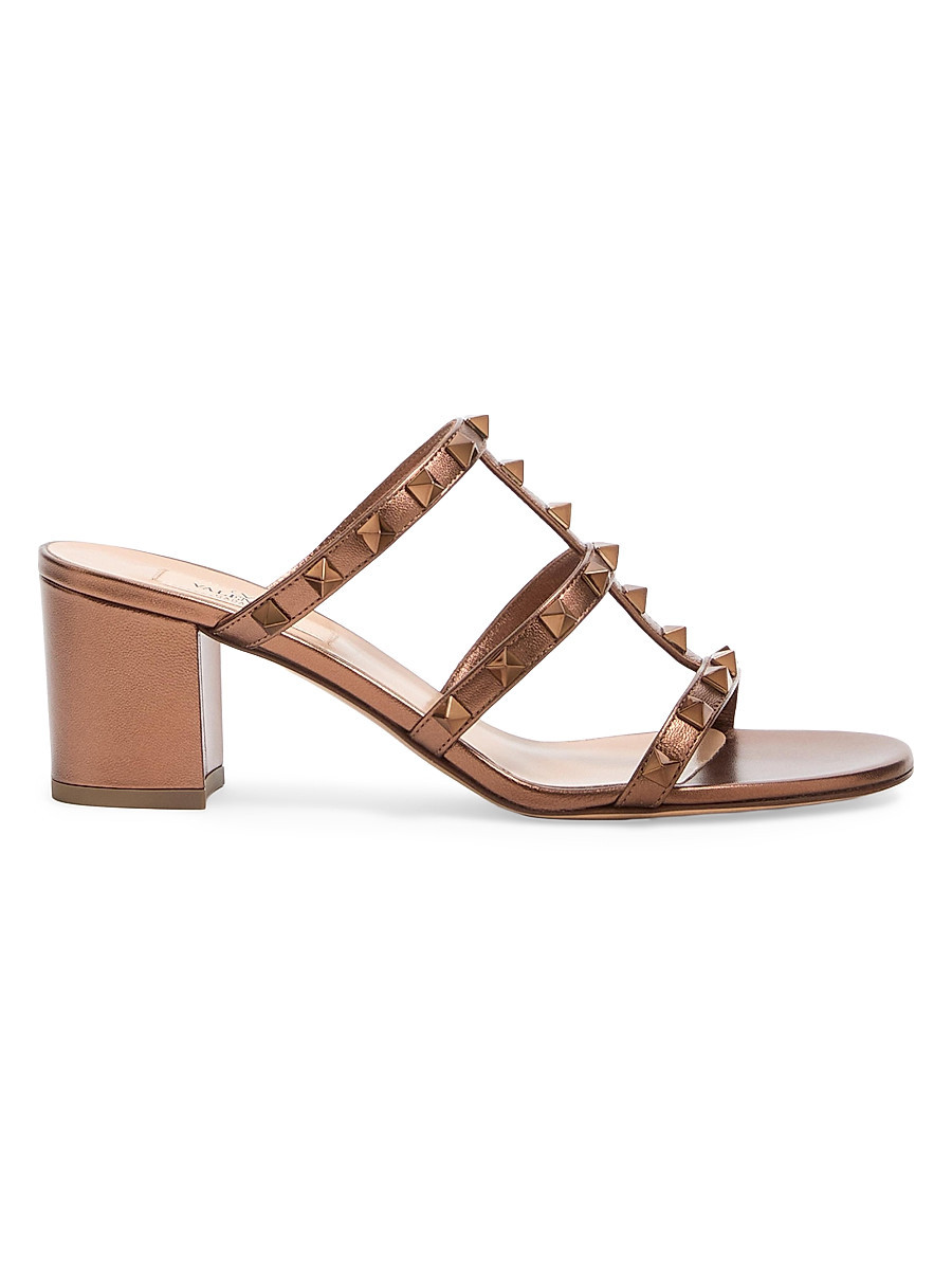 Women's Rockstud 60MM Metallic Calfskin Leather Slide Sandals - Bronze - Size 6.5 | Saks Fifth Avenue
