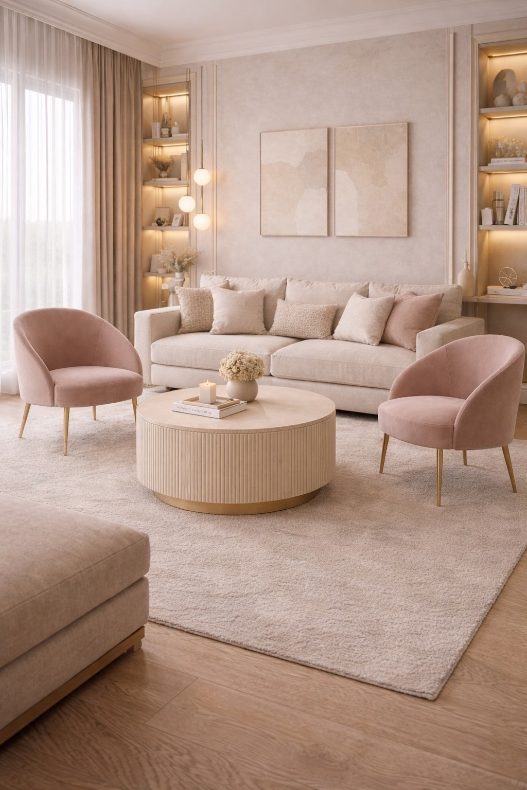 A cozy luxury living room designed in soft neutral and blush tones, featuring a plush beige sofa, two elegant accent chairs, and a sculptural round coffee table.
Warm lighting, built-in shelves, and layered textures create a calm, sophisticated space perfect for modern living.

Save this pin for cozy living room ideas, neutral interiors, and modern luxury home inspiration.
Shop similar sofas, accent chairs, coffee tables, and decor through my LTK for a curated, timeless look 🤍
#livingroomdesign
#cozylivingroom
#luxuryinteriors
#neutralinterior
#modernliving
#homedecorideas
#interiorinspiration
#beigeinterior
#softaesthetic
#contemporaryhome
#ltkhome
#ltkinteriors
#designerlook


#LTKGiftGuide #LTKSaleAlert #LTKHome