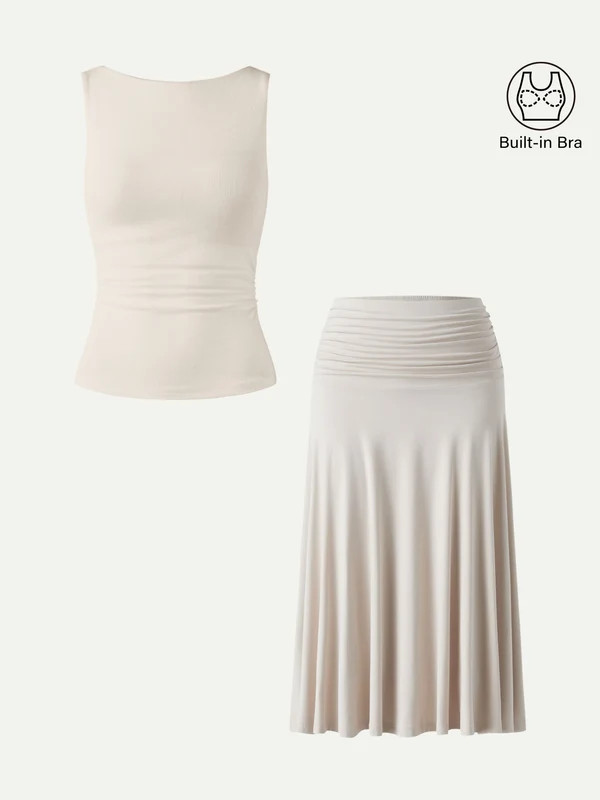 2Pcs Set Open Back Bra Tank & Side Ruched A-line Midi Skirt | OGLmove