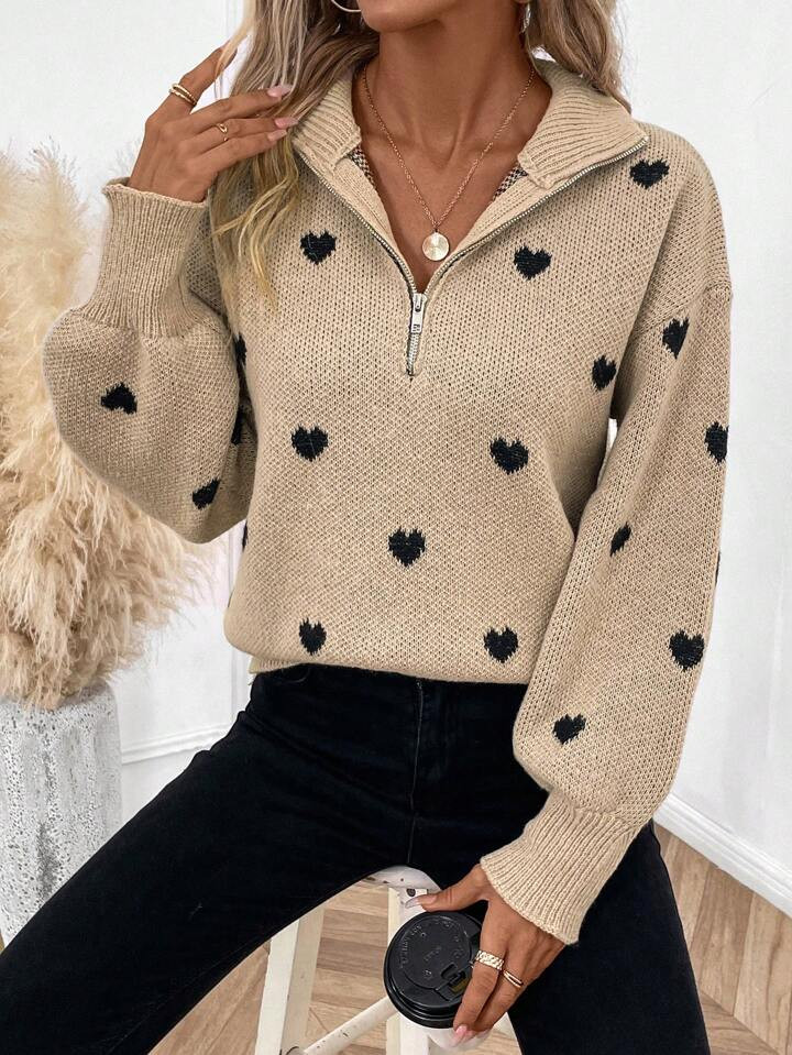 SHEIN LUNE Heart Pattern Half Zip Drop Shoulder Sweater,Long Sleeve Tops | SHEIN