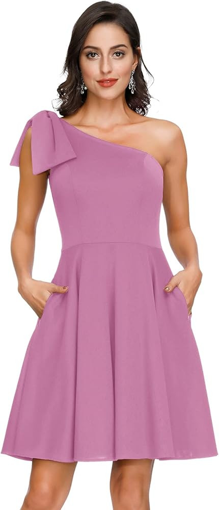 JASAMBAC Women's Bow One Shoulder Dress with Pockets A-line Cocktail Party Dress | Amazon (US)
