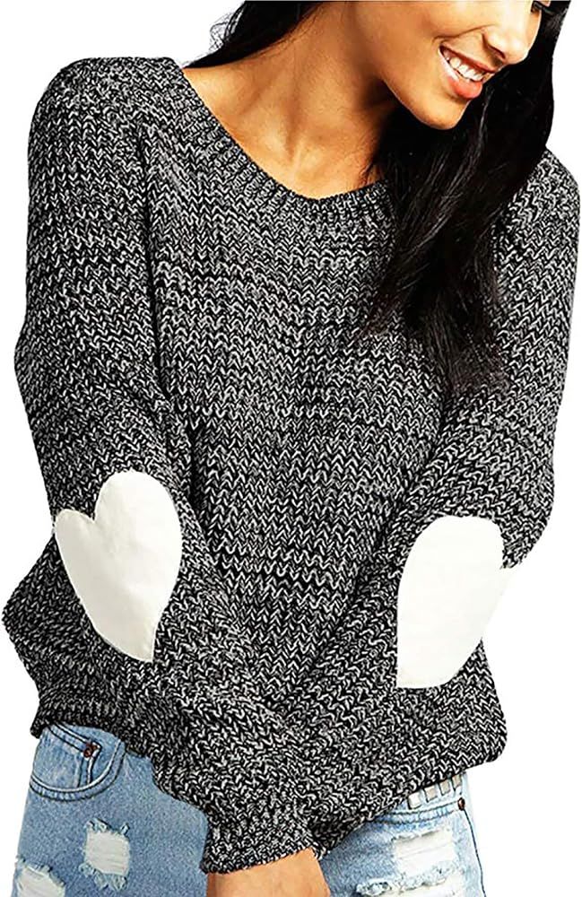 shermie Women's Cute Heart Pattern Elbow Patchwork Casual Crewneck Knitted Sweaters Pullover | Amazon (US)