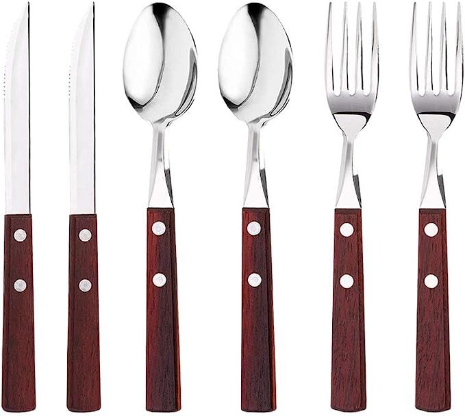 Gracelife 6-Pack Wooden Handle Stainless Steel Cutlery Set Forks Spoons Knives Flatware Set | Amazon (US)