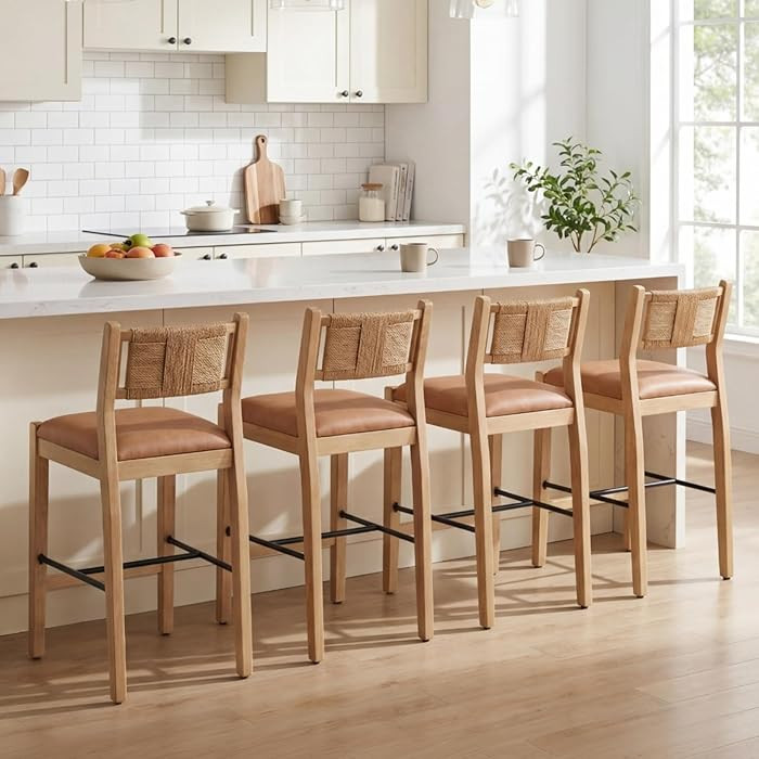 EALSON Rattan Counter Height Bar Stools Set of 4 Modern Farmhouse Counter Stools 26.5 Inch Uphols... | Amazon (US)
