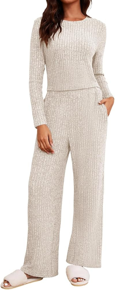 Ybenlow Women's 2 Piece Outfits Lounge Sets Long Sleeve Tops Wide Leg Pants Ribbed Knit Pajama Se... | Amazon (US)