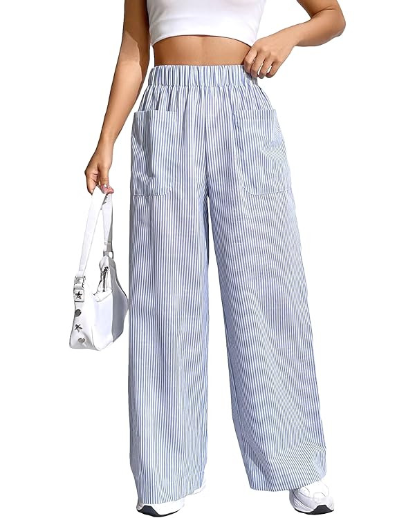 Floerns Women's Striped Print Elastic High Waist Pocket Front Wide Leg Pants | Amazon (US)
