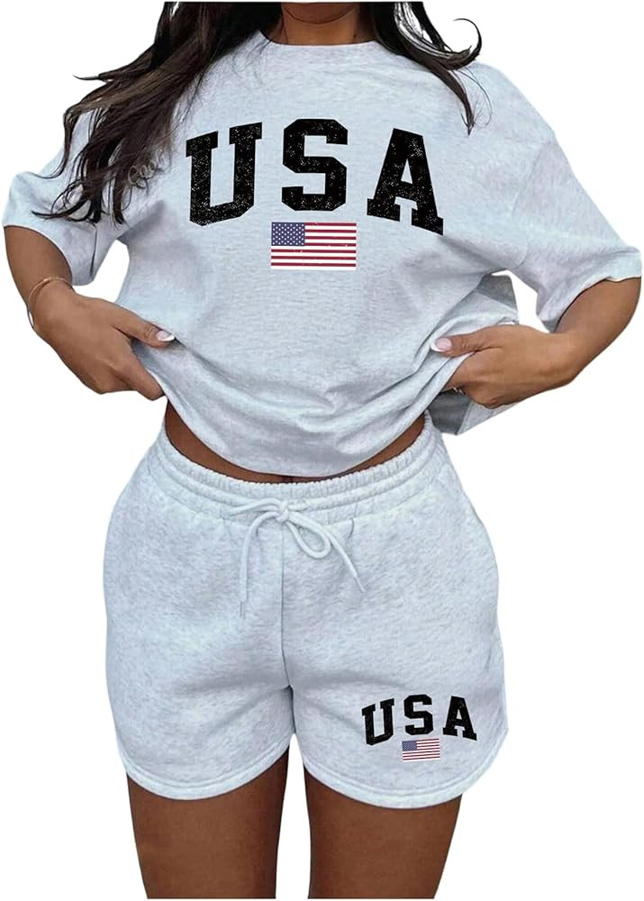SHENHE Women's 4th of July Outfits 2 Piece American Flag Tee Shirt and Sweat Shorts Set Tracksuit | Amazon (US)