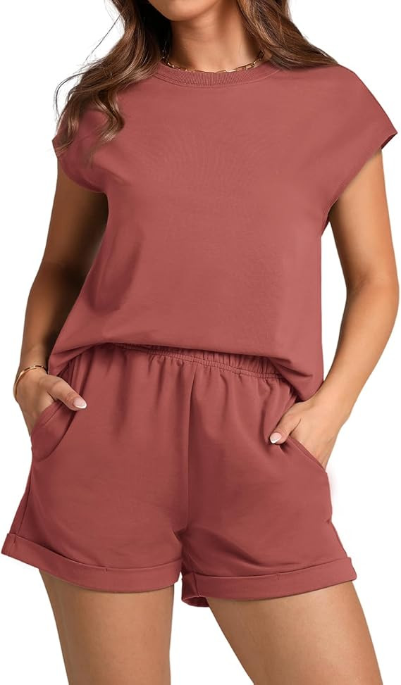 WIHOLL 2 Piece Sets for Women Casual Summer Lounge Set Cap Sleeve Tops and Elastic Waist Shorts T... | Amazon (US)