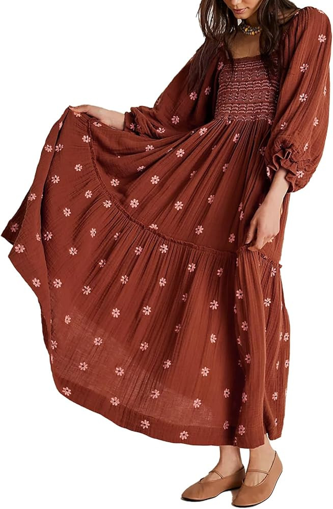 ABYOVRT Women Floral Embroidered Maxi Dress Long Puff Sleeve Square Neck Bohemian Flowy Dress wit... | Amazon (US)