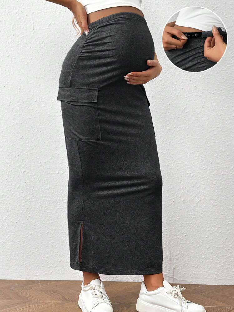 SHEIN Maternity Summer Casual Slim Fit Workwear Skirt With Elastic Adjustable Waist, Pockets And ... | SHEIN