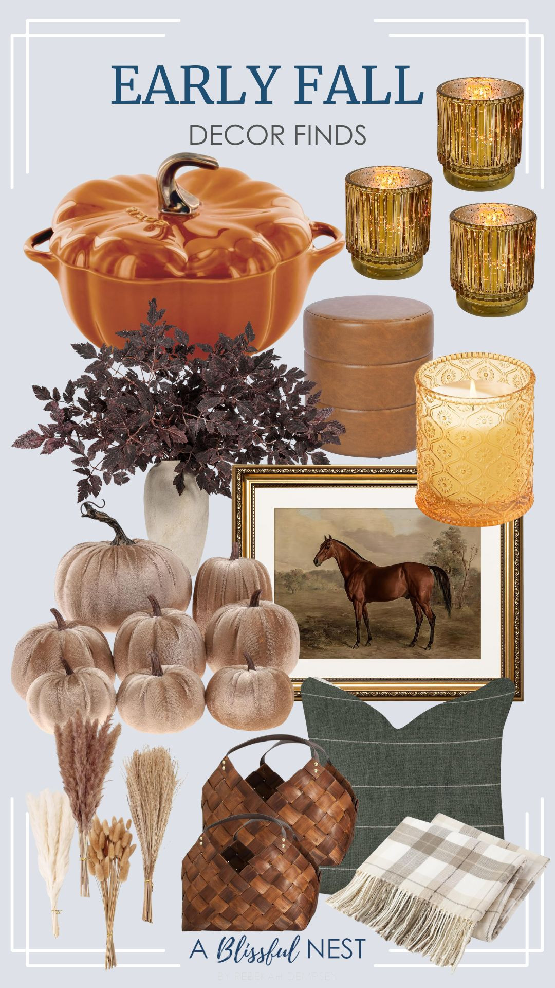 The easiest way to refresh your home for early fall starts with these favorites. Shop now.

Fall plaid throw blanket, woven storage basket, dried pampas grass decor, vintage gold framed horse wall art, upholstered faux leather round ottoman, fake handmade champagne velvet pumpkins, linen farmhouse throw pillow, artificial cimicifuga plant, pumpkin chai scented candle, vintage glass tealight, orange pumpkin dish. 

 #LTKSeasonal #LTKHome