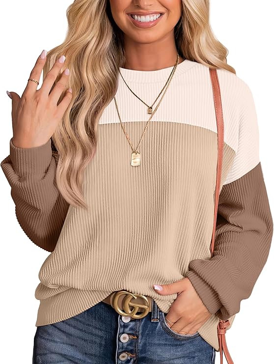 WIHOLL Womens Fashion 2024 Color Block Long Sleeve Crewneck Knitted Ribbed Shirts Tunic Tops Casu... | Amazon (US)