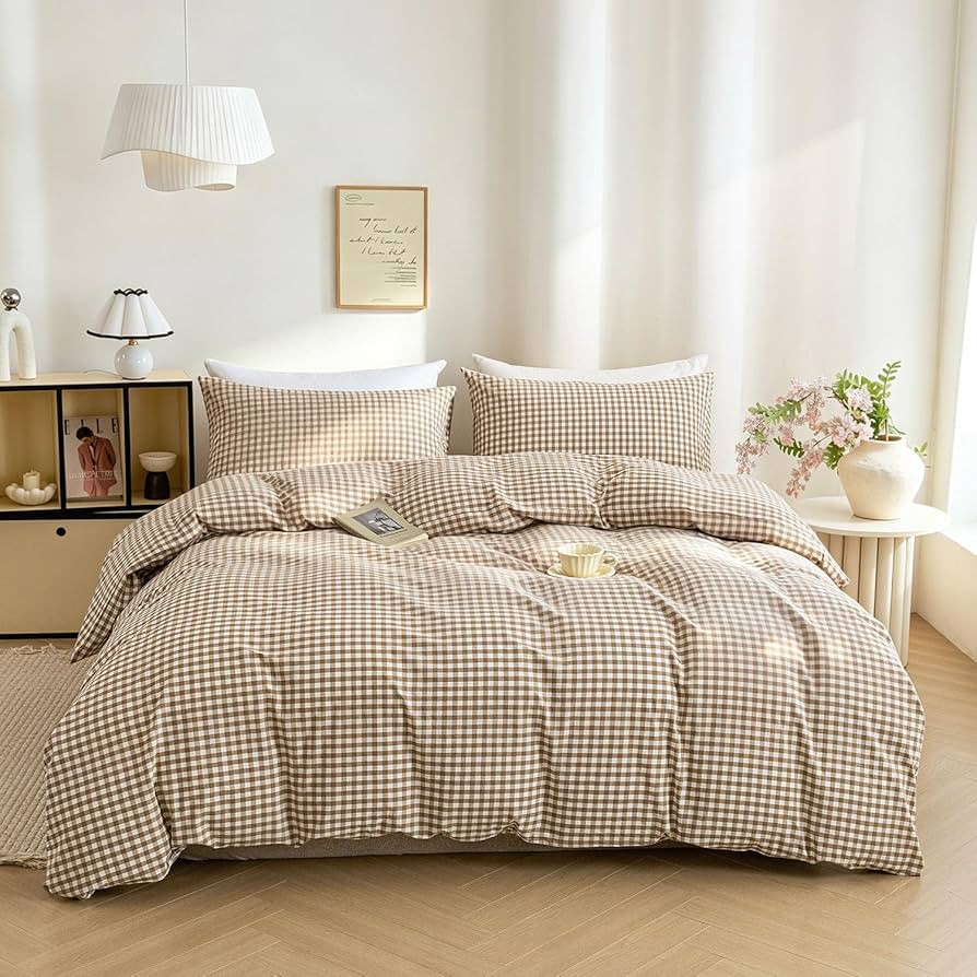 Mucalis Tan Gingham Duvet Cover King 100% Washed Cotton Beige Brown Plaid Checkered Duvet Cover S... | Amazon (US)