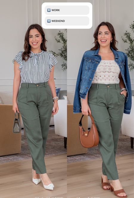 Work to weekend outfits! Love this olive pants with a nice blouse for work, or a crochet top and denim jacket for the weekend



#LTKworkwear #LTKsalealert #LTKunder100