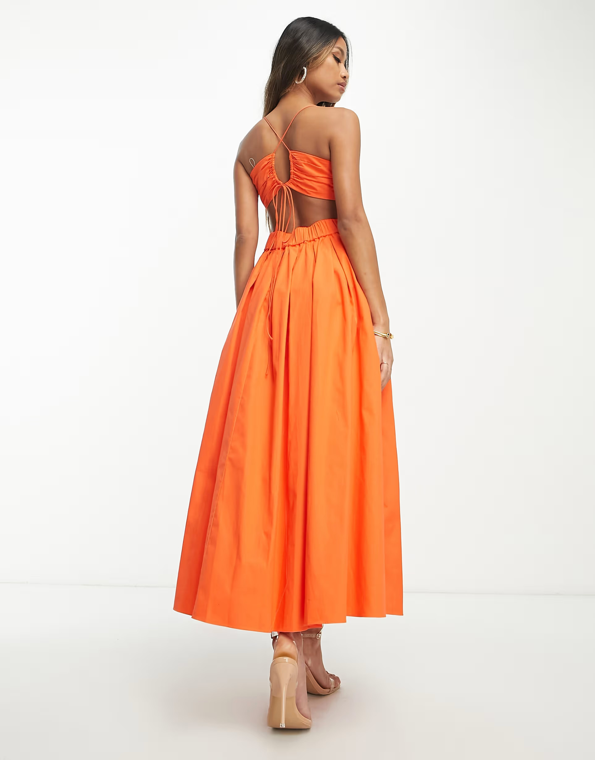 ASOS DESIGN cotton structured midi dress with ruched bust and pleat skirt in hot orange | ASOS (Global)