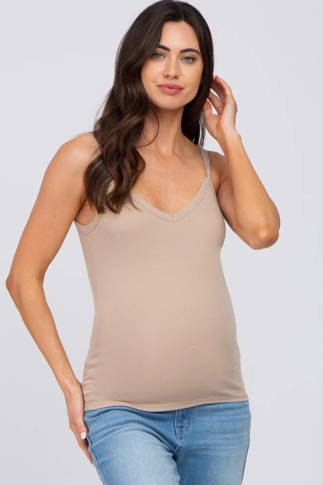 Taupe Ribbed V-Neck Maternity Tank Top | PinkBlush Maternity