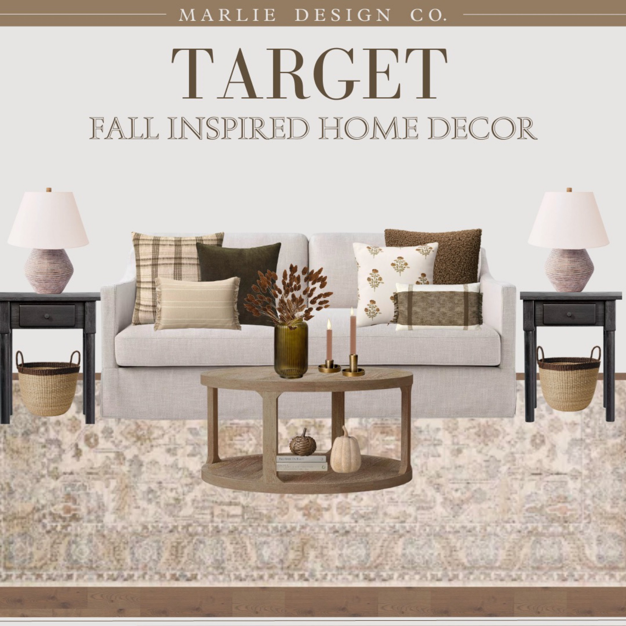 Fall inspired home decor | fall decor | fall living room decor | living room decor | throw pillows | coordinating throw pillows | loloi Teagan rug | neutral rug | neutral throw pillows | vase | fall stems | side table | coffee table | table lamp | living room lamp | bedroom lamp | nightstand | end table | black side table | studio McGee | Target home decor | neutral sofa | affordable sofa | round coffee table | pumpkin decor | candle holder | taper candles | woven basket | warm neutrals 

#LTKfindsunder100 #LTKhome #LTKfindsunder50