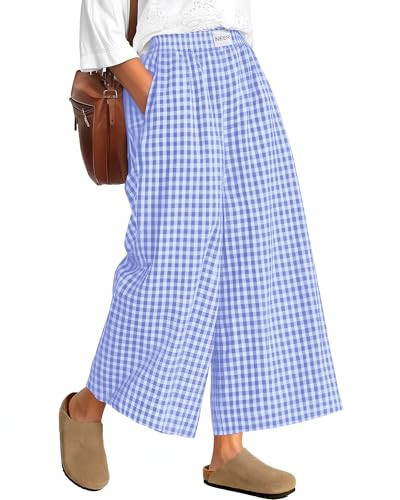 Neer Women's Plaid Gingham Skirt Pants Flowy Oversized Wide Leg Culottes Elastic Waist Palazzo Casual Trousers with Pockets(Light Blue-White Plaid,XX-Large) | Amazon (US)