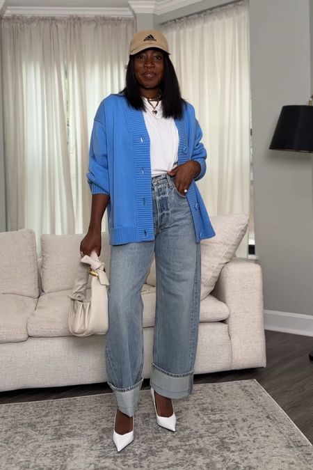 Favorite wide leg jeans blue oversized cardigan adidas samba 

#LTKstyletip