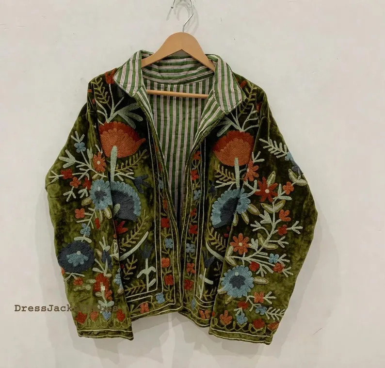 Green Embroidery floral Jackets Velvet inner Cotton Bohemian Style Winter Coat Street wear Bomber... | Etsy (Global)