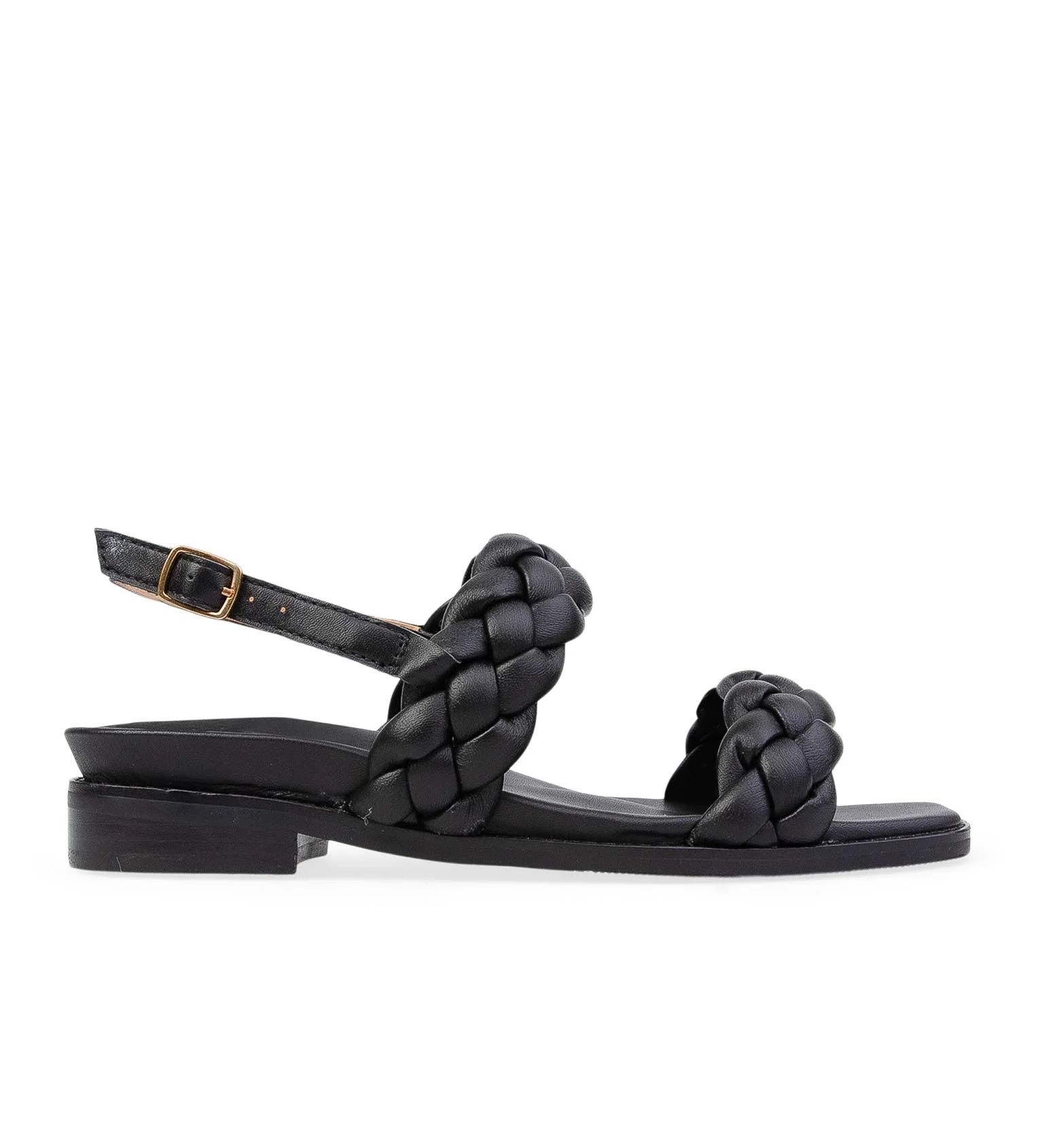 Black Leather & Black Sole Flat Sandals | Bared Footwear