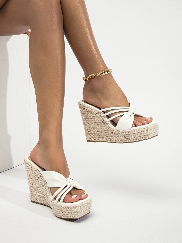 Women Espadrille Knot Decor Sandals, Vacation White Wedge Slide Sandals | SHEIN