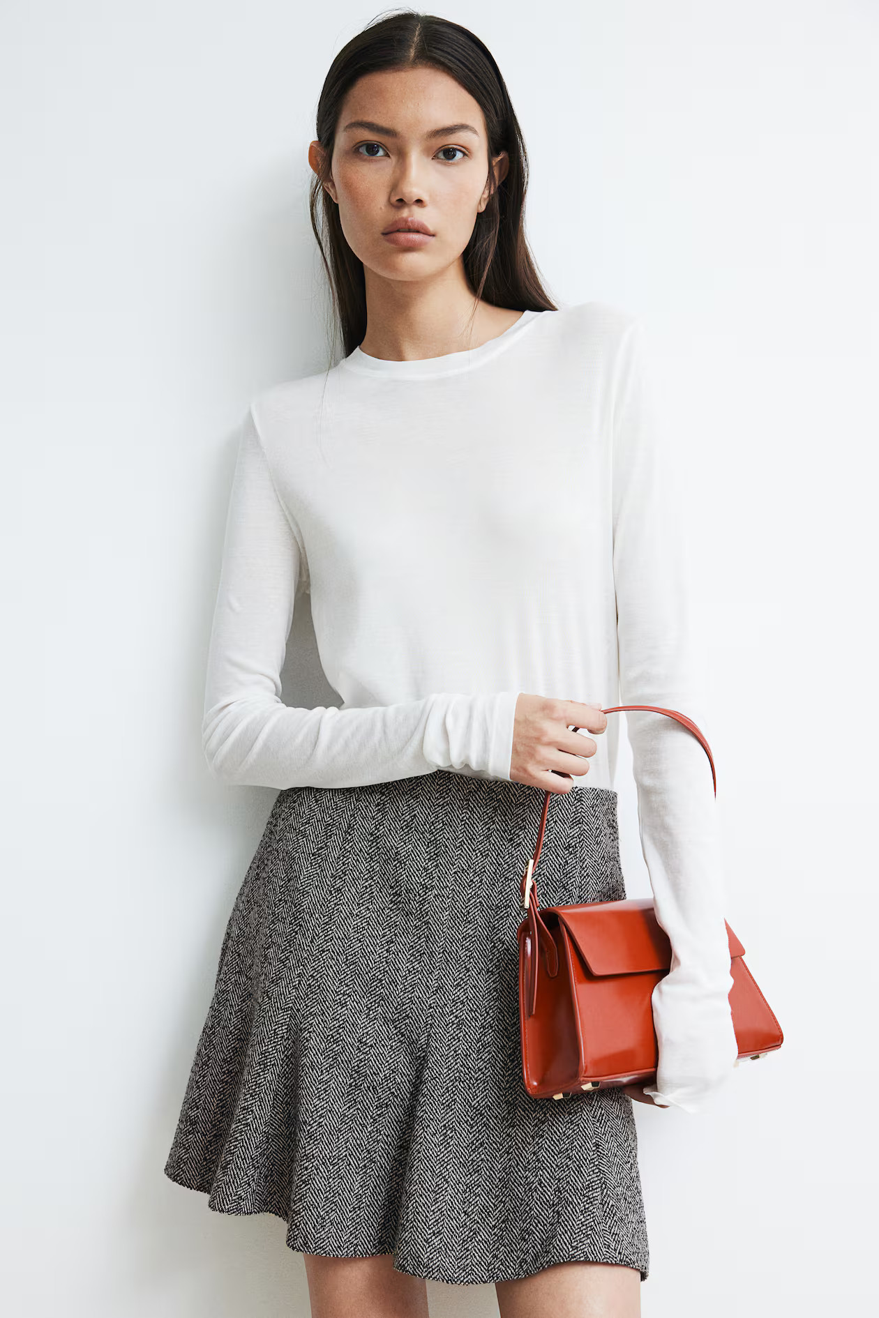 Flared-hem skirt - High waist - Knee length - Grey/Herringbone-patterned - Ladies | H&M GB | H&M (UK, MY, IN, SG, PH, TW, HK)