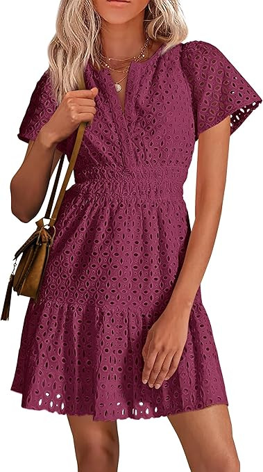 PRETTYGARDEN Women's 2026 Summer Mini Dress Short Sleeve V Neck A Line Hollow Out Lace Ruffle Cut... | Amazon (CA)
