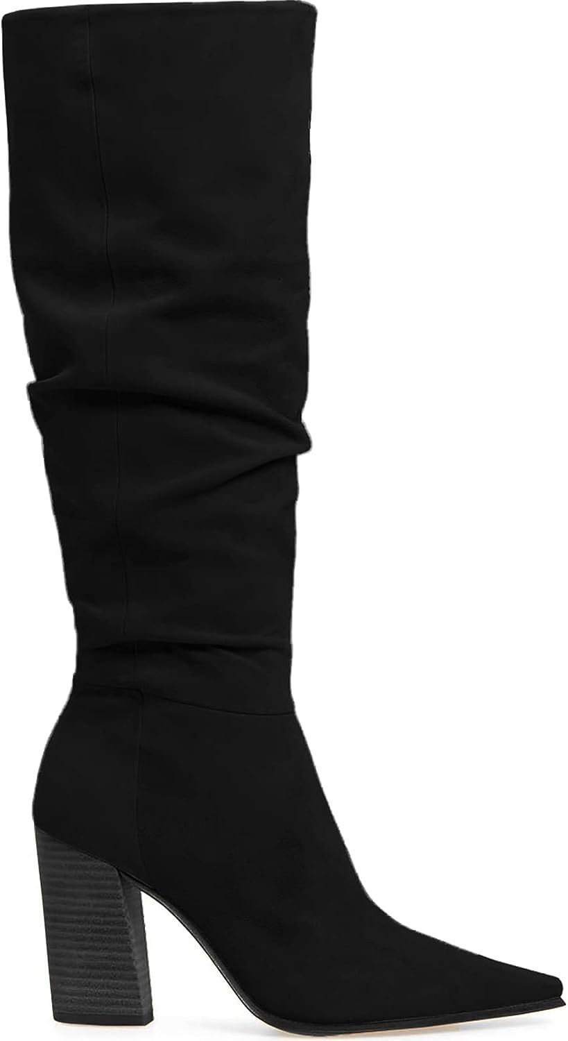 PiePieBuy Womens Faux Suede Knee High Boots Pointed Toe High Chunky Heel Side Zipper Booties | Amazon (US)