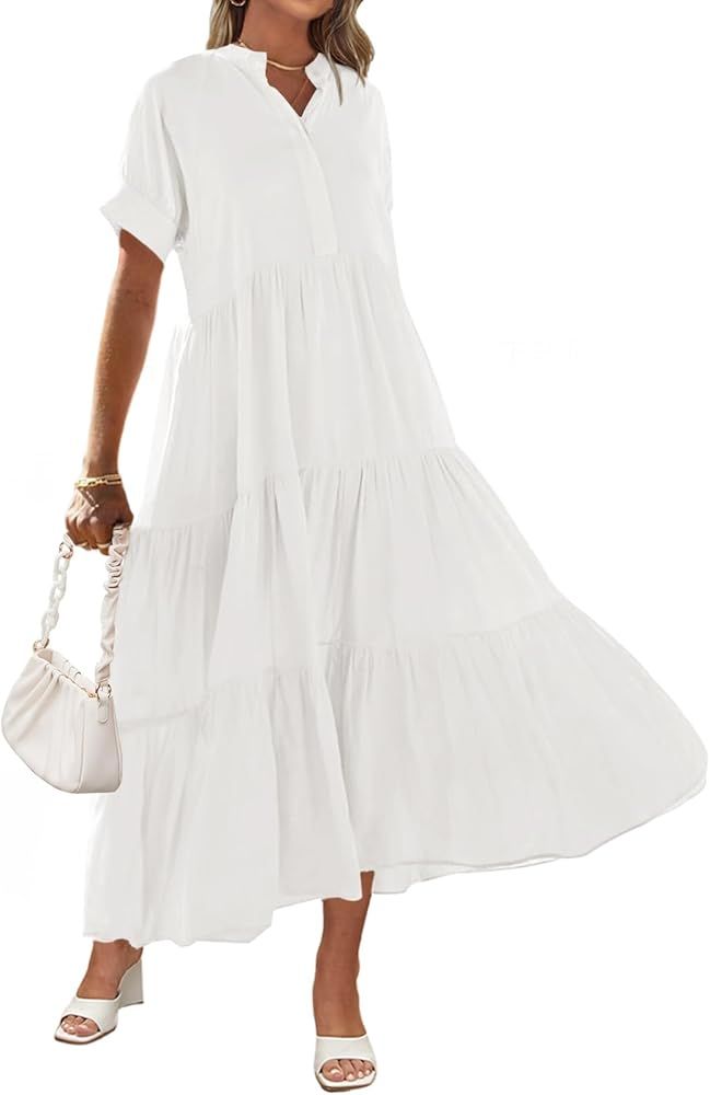 MEROKEETY Women Short Sleeve Summer Dress Button Down V Neck Ruffle Tiered Maxi Dresses | Amazon (US)