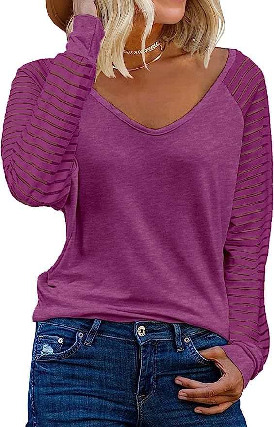 MIHOLL Women’s Long Sleeve Tops Striped Casual Loose Blouses T Shirts | Amazon (US)