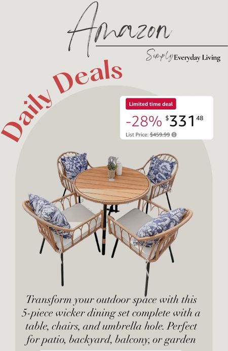 Amazon Daily Deals ✨ Transform your outdoor space with this 5-piece wicker dining set complete with a table, chairs, and umbrella hole. Perfect for patio, backyard, balcony, or garden.
#OutdoorLiving, #PatioFurniture, #WickerDiningSet, #RattanFurniture, #AlFrescoDining

#LTKsalealert #LTKhome