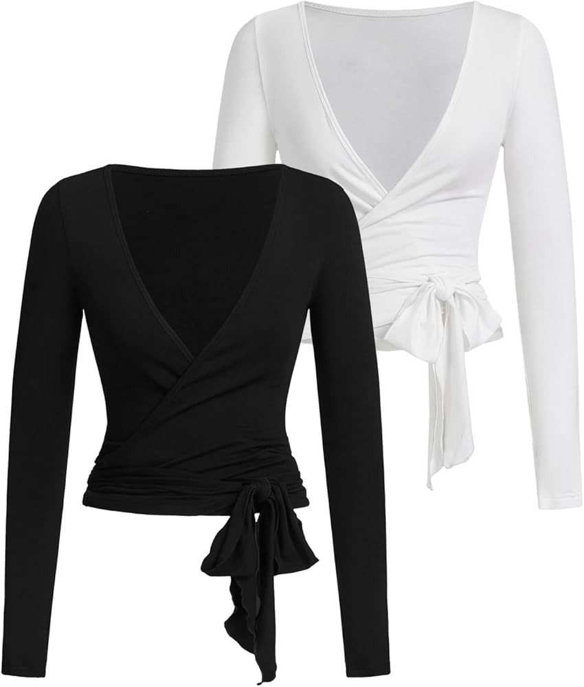 SweatyRocks Women's Pilates Outfits Wrap Tops Ballet Yoga Coquette Shirt Cute Long Sleeve Workout... | Amazon (US)