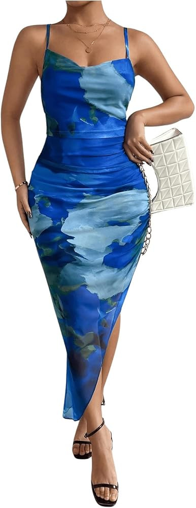 GORGLITTER Women's Backless Mesh Ruched Bodycon Midi Dress Tie Dye Asymmetrical Cami Dresses with... | Amazon (US)