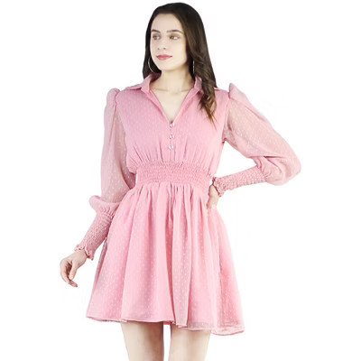 Artyska Women's Collared Puffed Long Sleeve Swiss Dot Chiffon Short Dress Pink L | Target