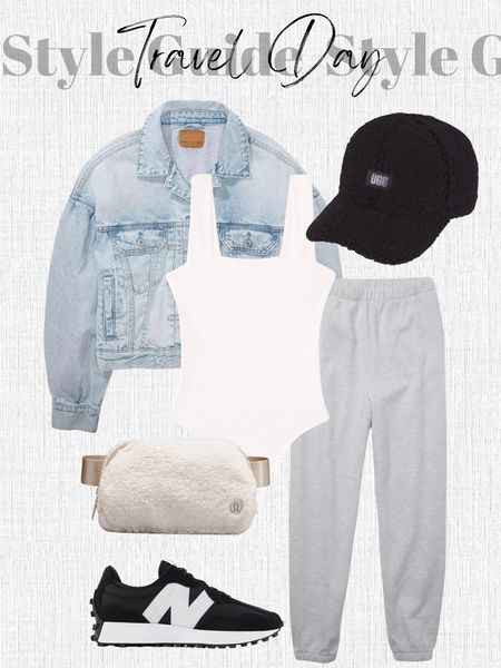 Travel day, casual style, winter outfit, joggers, new balance, bodysuit, Lululemon belt bag, casual outfit, outfit Inspo, ootd, outfit ideas, Sherpa hat, Ugg, sneakers, denim jacket, layers, travel outfit

#LTKstyletip #LTKSeasonal #LTKtravel