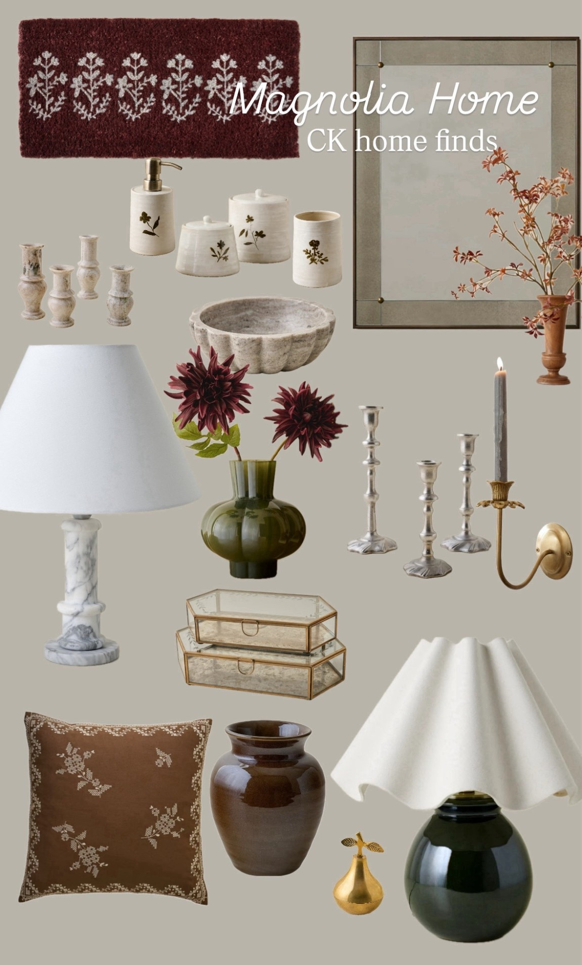 Magnolia Home finds! Fall home finds! Marble lamp, scalloped lamp shade, bathroom accessories, bud vase, candle sconce antique style mirror 

#LTKSeasonal #LTKHome