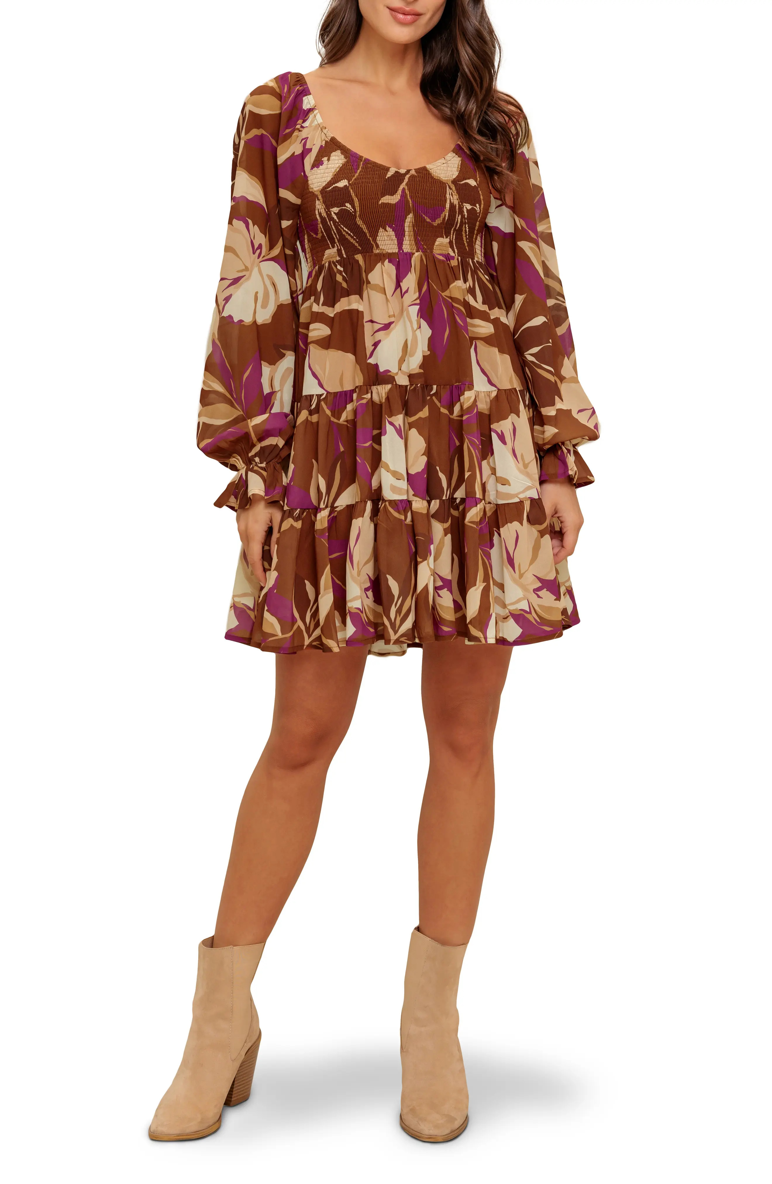 FLYING TOMATO Floral Long Sleeve Tiered Babydoll Dress in Brown at Nordstrom Rack, Size Medium | Nordstrom Rack