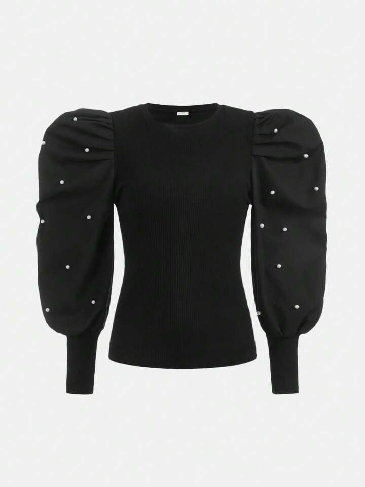 SHEIN Teen Girls Pearls Beaded Gigot Sleeve Tee | SHEIN