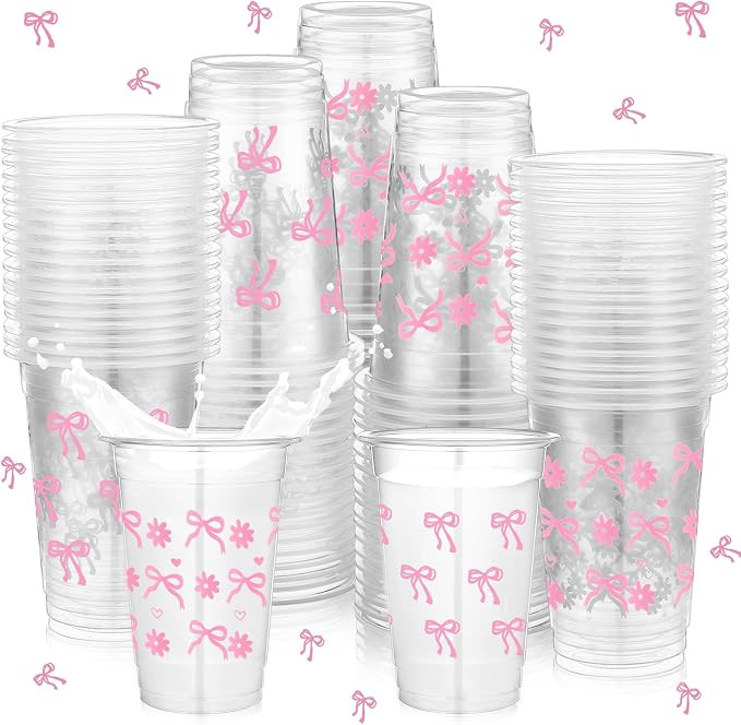 Havawish 100 Pcs Pink Bow Plastic Cups Bowknot Daisy Clear Cups 16 oz Coquette Bachelorette Party... | Amazon (US)
