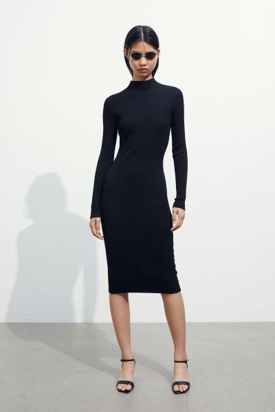 Rib-knit Mock Turtleneck Dress - Beige - Ladies | H&M US | H&M (US + CA)